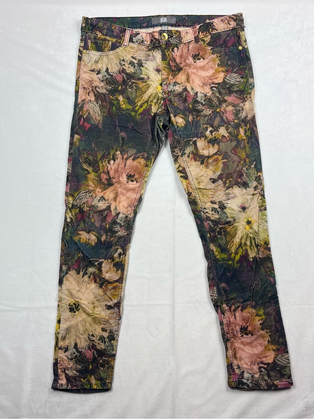 TRISTAN Floral Boho Skinny Pants Dark Botanical Stretch Cotton Blend Size 1